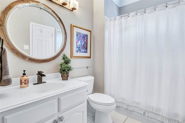 bathroom with vanity, crown molding, tile patterned flooring, toilet, and curtained shower