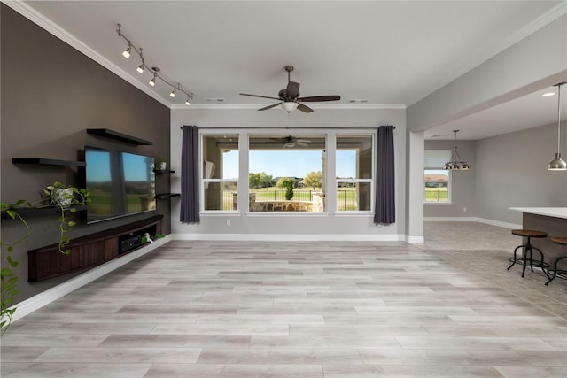 living room with light wood-type flooring, ceiling fan, and ornamental molding