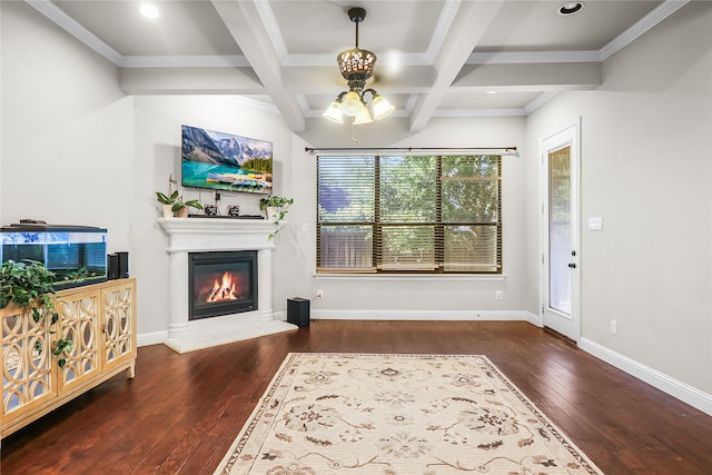 living room with beamed ceiling, crown molding, dark wood-type flooring, and coffered ceiling