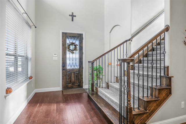 entryway featuring a towering ceiling and dark hardwood / wood-style floors