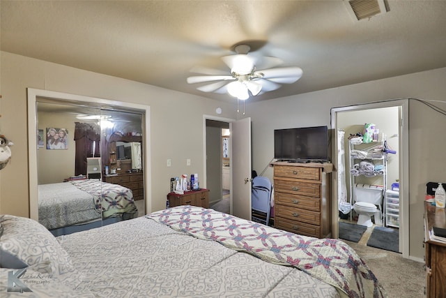 carpeted bedroom with ceiling fan