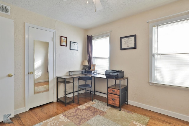 office with a textured ceiling and hardwood / wood-style flooring