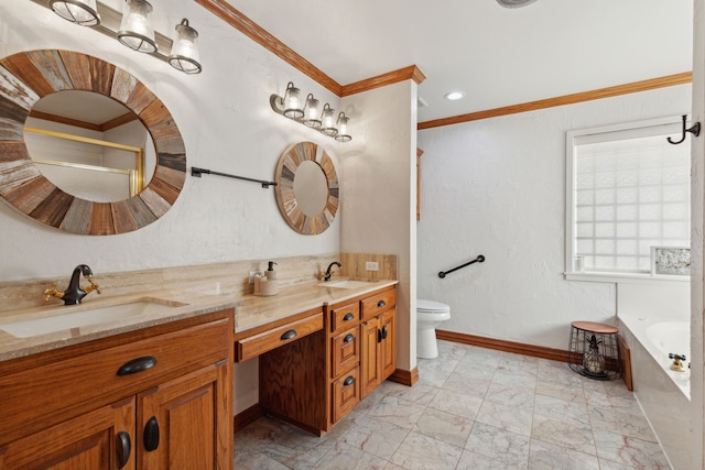 bathroom featuring toilet, a washtub, vanity, and ornamental molding