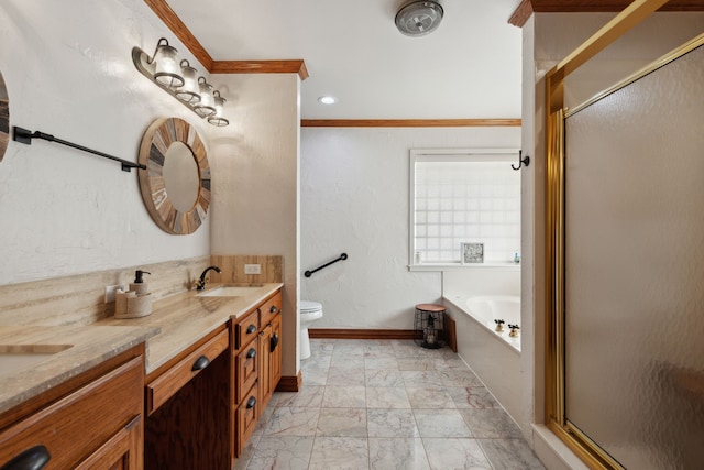 full bathroom with vanity, crown molding, plus walk in shower, and toilet