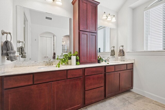 bathroom featuring plenty of natural light, lofted ceiling, and vanity