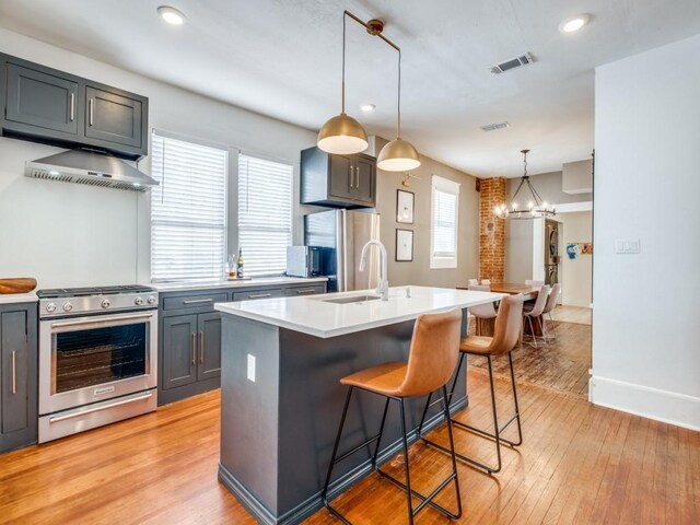 kitchen with dishwasher, hardwood / wood-style floors, sink, and an island with sink