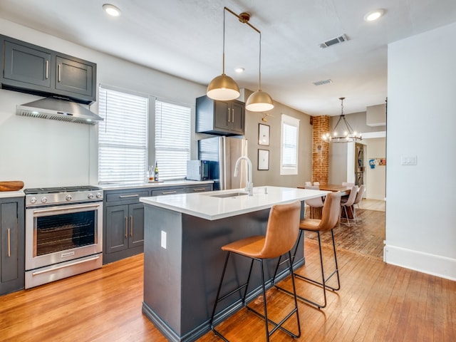 kitchen with appliances with stainless steel finishes, a breakfast bar, a center island with sink, light hardwood / wood-style floors, and hanging light fixtures