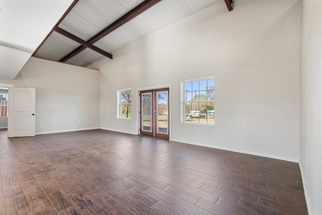 unfurnished living room featuring beamed ceiling, high vaulted ceiling, dark wood-type flooring, and wood ceiling