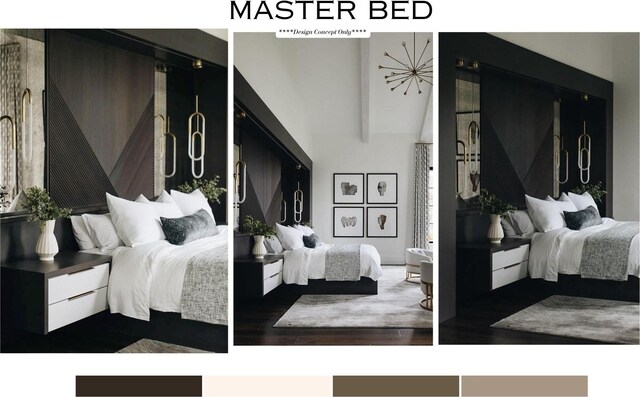 bedroom featuring lofted ceiling with beams and dark wood-type flooring