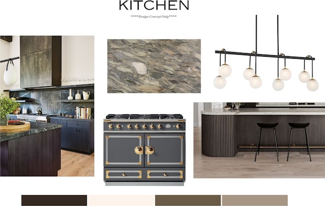 kitchen featuring tasteful backsplash, range with two ovens, dark brown cabinetry, light hardwood / wood-style floors, and wall chimney range hood