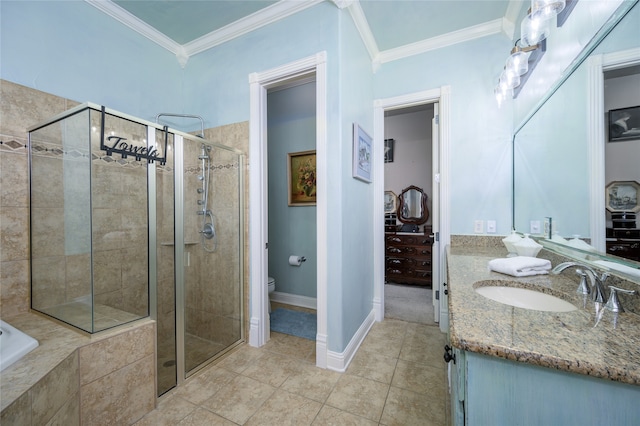 full bathroom with vanity, crown molding, tile patterned flooring, toilet, and independent shower and bath