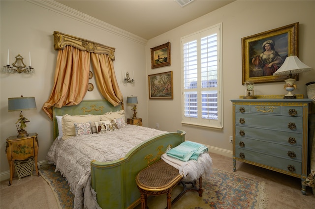 carpeted bedroom with ornamental molding