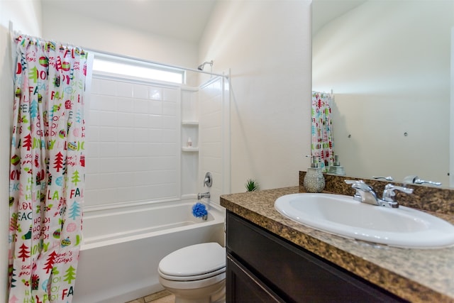 full bathroom with vanity, toilet, and shower / bathtub combination with curtain