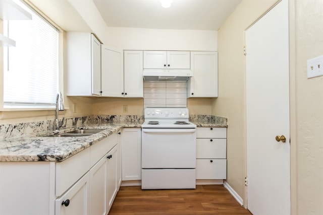 kitchen featuring sink, white cabinetry, and white electric stove