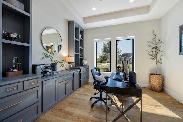 office space featuring a raised ceiling and light wood-type flooring