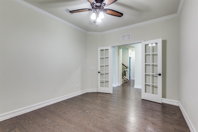 unfurnished room featuring crown molding, french doors, ceiling fan, and dark hardwood / wood-style floors