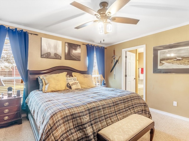 carpeted bedroom featuring multiple windows, ceiling fan, and ornamental molding