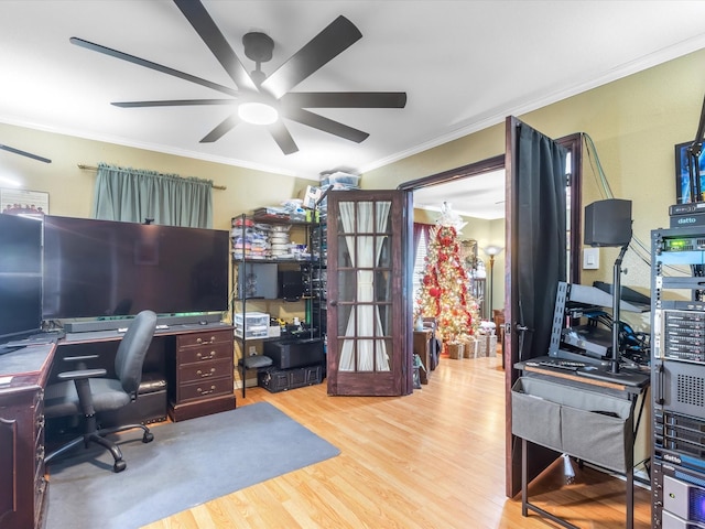 office space featuring ceiling fan, light hardwood / wood-style flooring, and ornamental molding