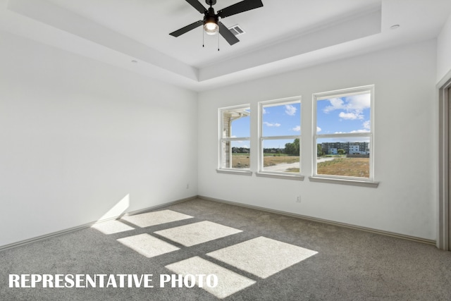 spare room featuring a raised ceiling, carpet, and ceiling fan