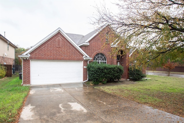 front facade featuring central AC, a garage, and a front lawn