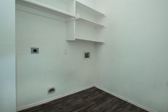 washroom featuring electric dryer hookup, hookup for a washing machine, and dark wood-type flooring