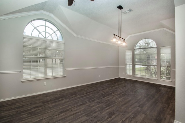 interior space with vaulted ceiling, a wealth of natural light, and dark wood-type flooring