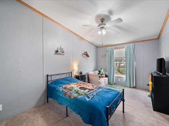 bedroom with light carpet, ornamental molding, and ceiling fan