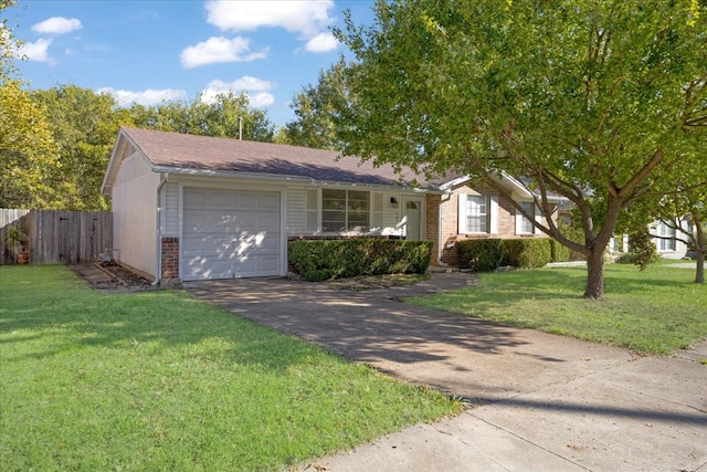 ranch-style home with a garage and a front yard