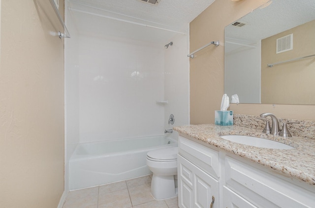 full bathroom featuring toilet, a textured ceiling, tile patterned flooring, shower / bath combination, and vanity