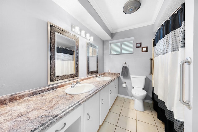 bathroom featuring toilet, vanity, tile patterned floors, and ornamental molding