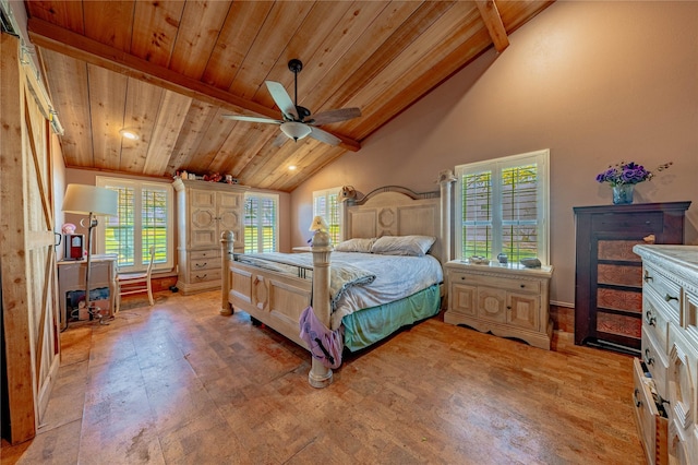 bedroom with ceiling fan, high vaulted ceiling, wooden ceiling, beamed ceiling, and light wood-type flooring