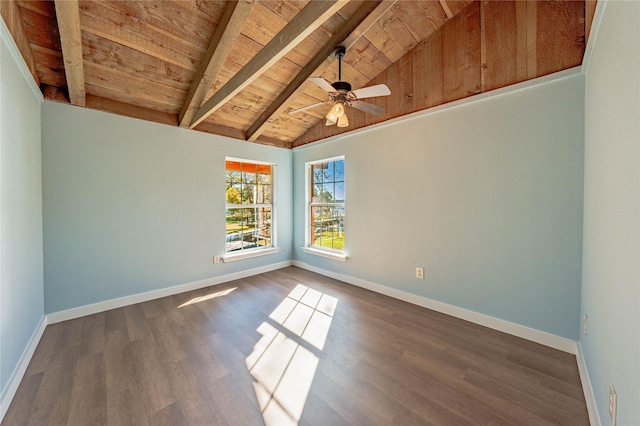 empty room with dark wood-type flooring, high vaulted ceiling, ceiling fan, beamed ceiling, and wood ceiling