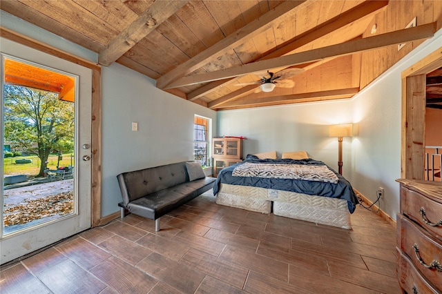 bedroom with access to exterior, wood ceiling, and lofted ceiling with beams