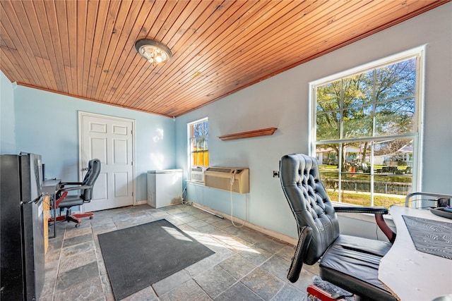 office space featuring crown molding, cooling unit, and wood ceiling