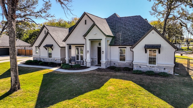 french provincial home featuring a front yard