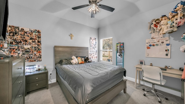 bedroom with ceiling fan and light colored carpet