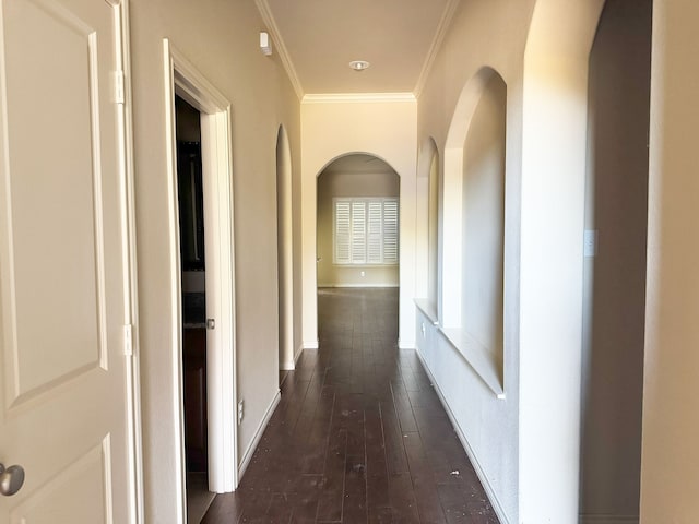 corridor featuring dark hardwood / wood-style floors and ornamental molding