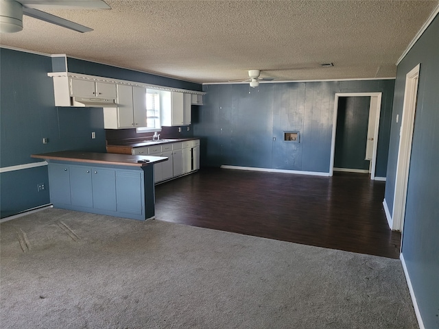 kitchen featuring ornamental molding, a textured ceiling, white cabinetry, dark hardwood / wood-style flooring, and kitchen peninsula