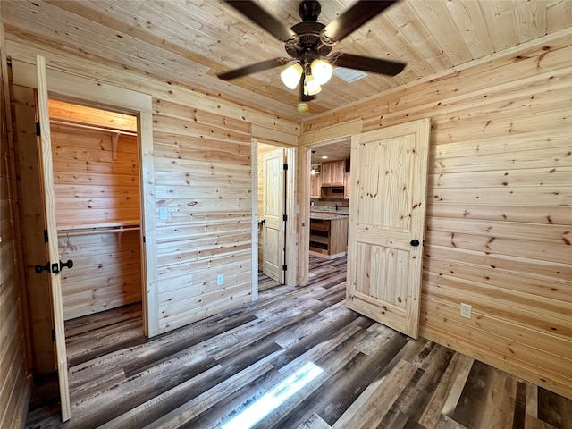 spare room with dark hardwood / wood-style flooring, wood ceiling, and wooden walls