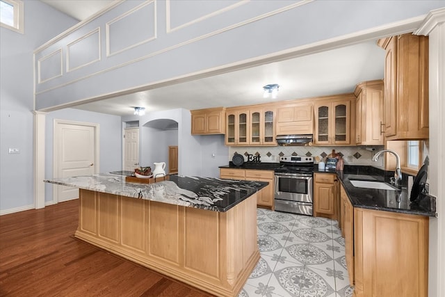 kitchen featuring dark stone counters, exhaust hood, sink, electric range, and light hardwood / wood-style floors