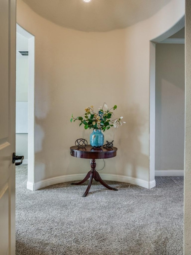 interior space featuring carpet flooring, visible vents, and baseboards