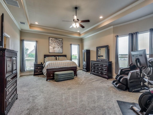 bedroom featuring carpet floors, a raised ceiling, and visible vents