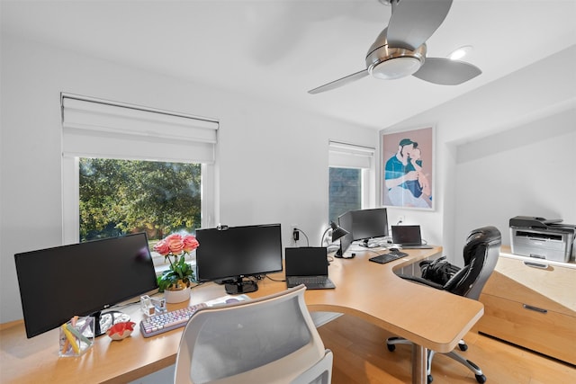 office area with hardwood / wood-style floors and ceiling fan