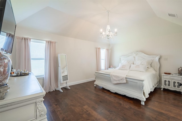 bedroom with lofted ceiling, a notable chandelier, and dark hardwood / wood-style flooring