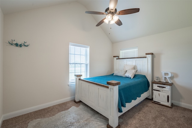 bedroom with high vaulted ceiling, carpet flooring, and ceiling fan