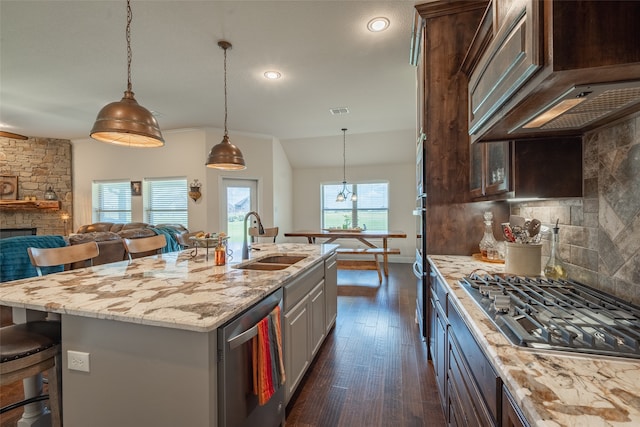 kitchen with premium range hood, appliances with stainless steel finishes, a kitchen island with sink, and dark brown cabinets