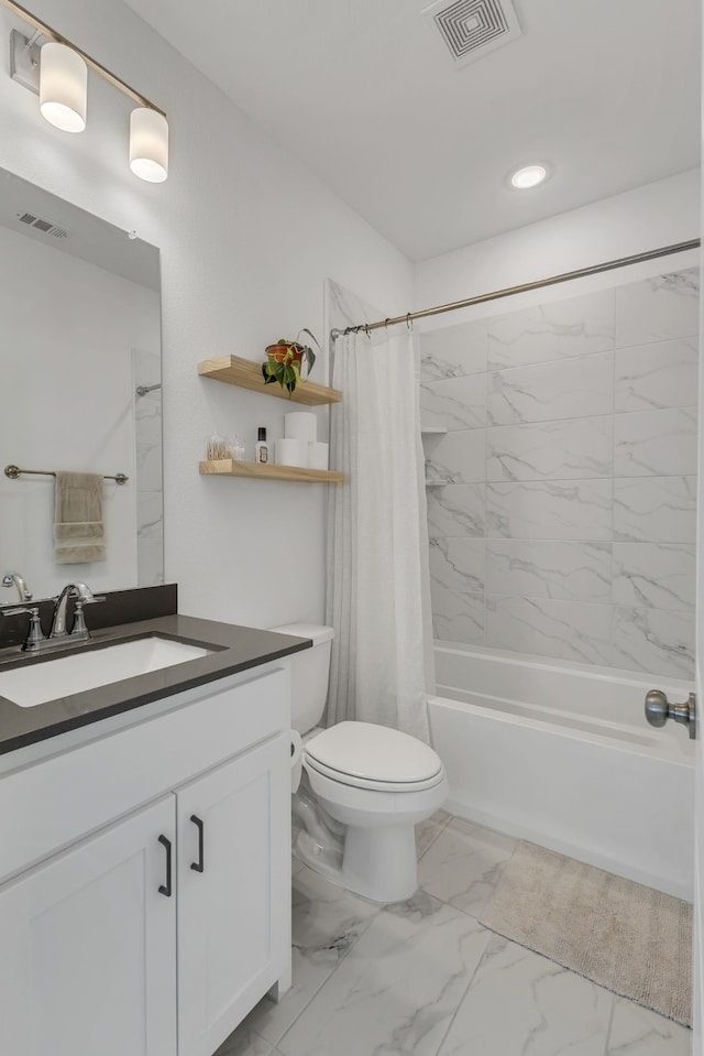 full bathroom featuring vanity, toilet, and shower / bathtub combination with curtain