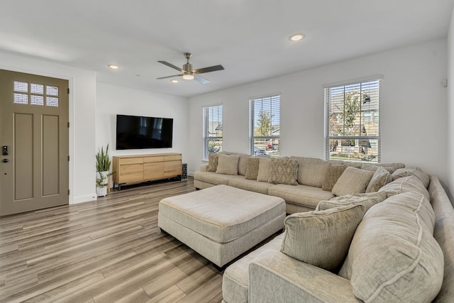 living room with ceiling fan and hardwood / wood-style floors