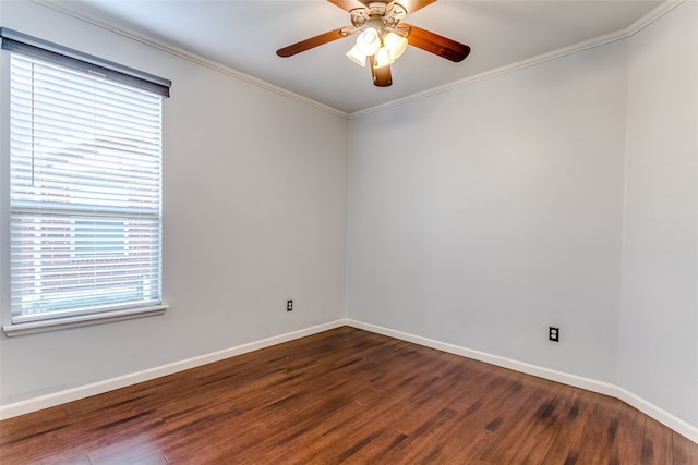 unfurnished room featuring ceiling fan, dark hardwood / wood-style flooring, and ornamental molding