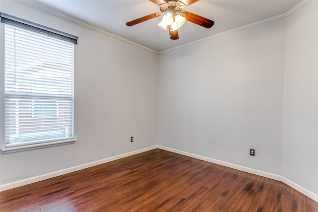 unfurnished room with dark hardwood / wood-style flooring, crown molding, and ceiling fan